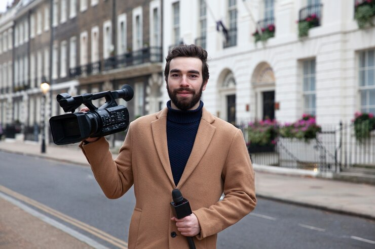 Reporter Holding Camera and Microphone