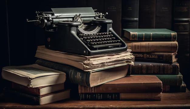 Old typewriter on a stack of antique literature