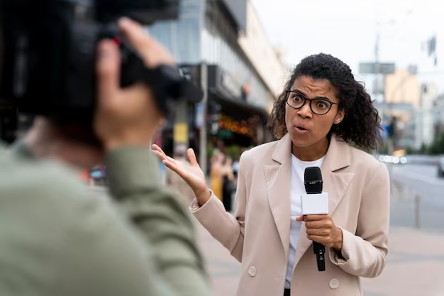 A girl stands with a microphone and speaks into the camera