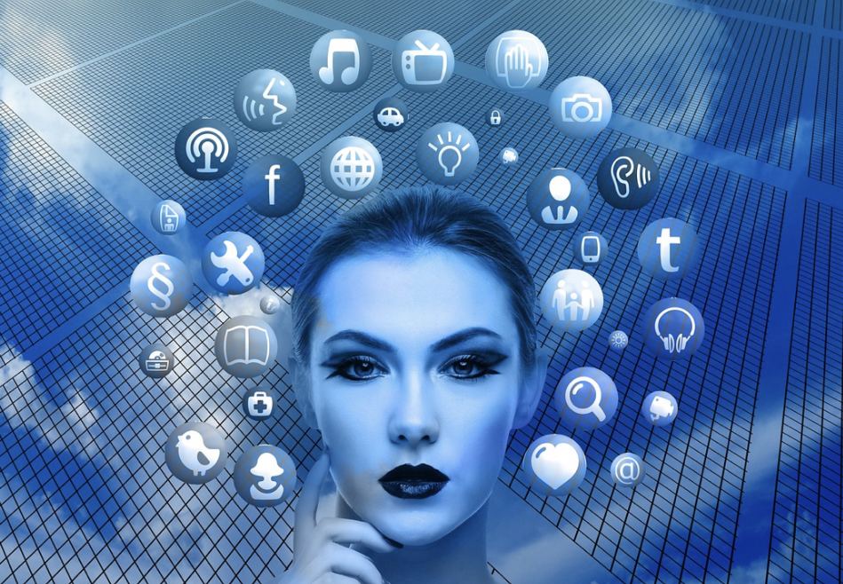 Digital Woman's Face Surrounded by Social Media and Tech Icons