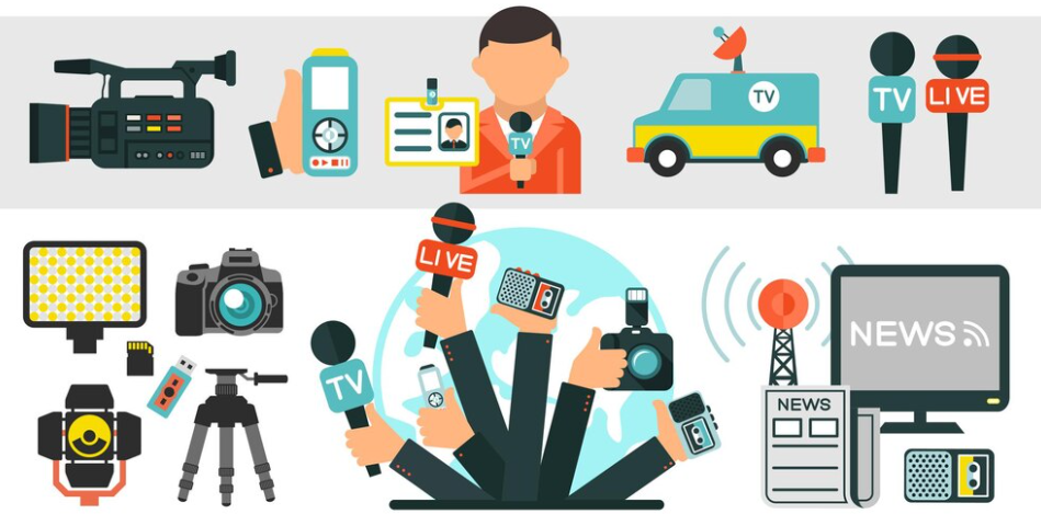 media icons: cameras, reporter, TV van, live mics, and news equipment on a gray background